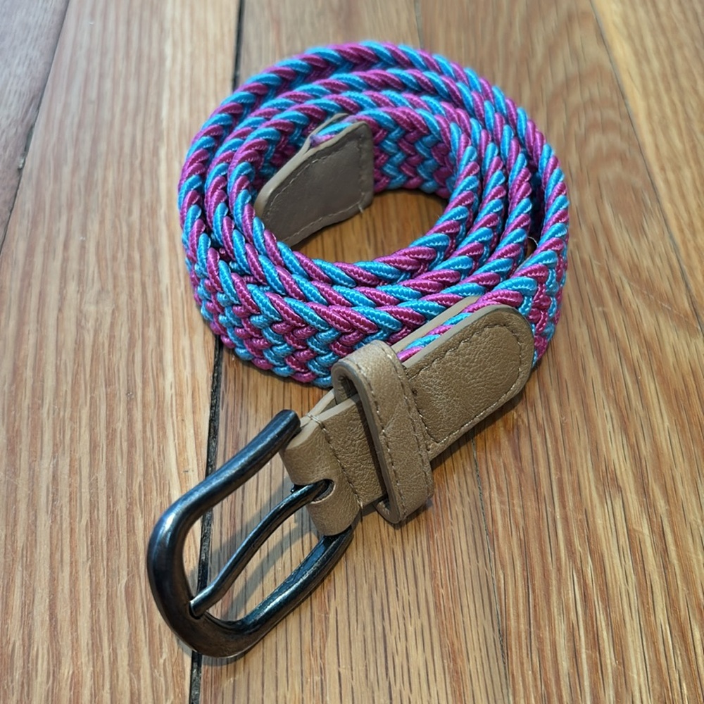 Peppercorn Kids pink & blue braided elasticized belt w/ pewter tone buckle